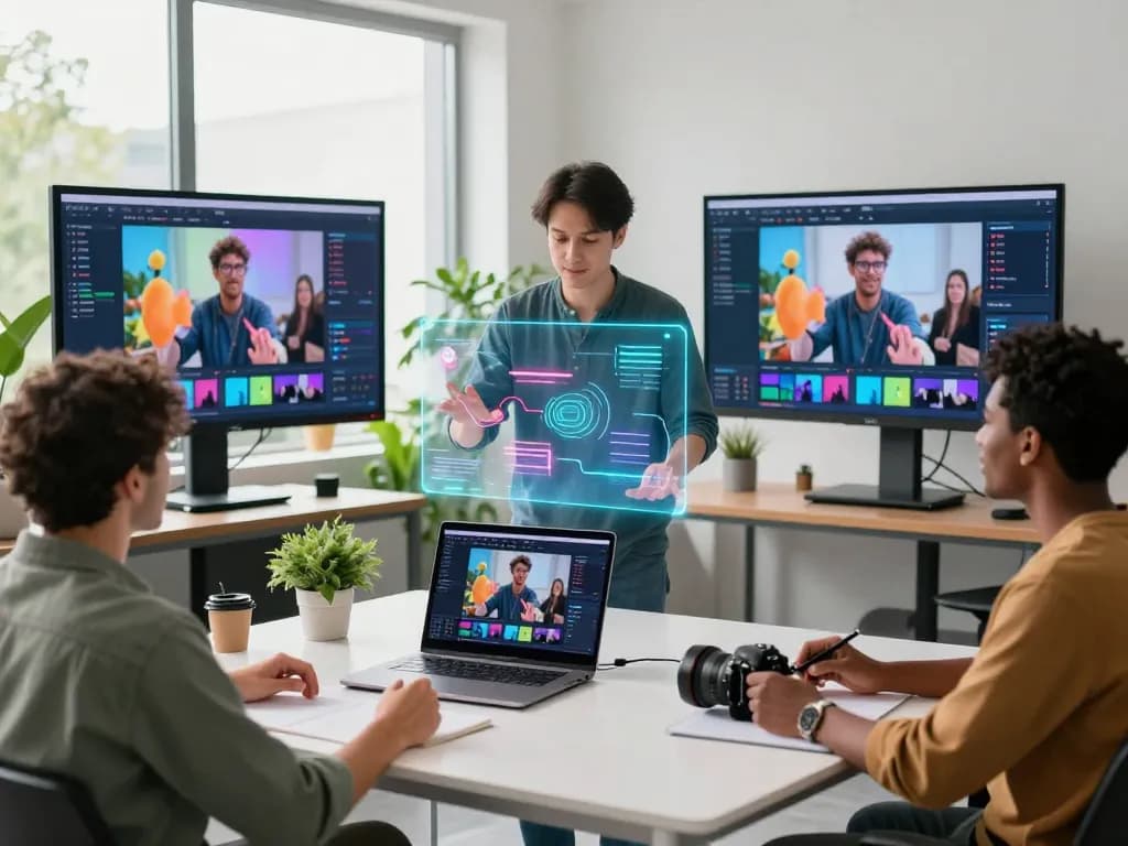 Dynamic workspace showcasing creative team using kling 2.17 for AI video generation with holographic interface and lively collaboration.