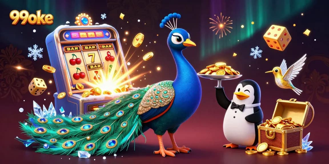 Experience the thrill of 99oke with a vibrant 3D casino scene of winning symbols, characters, and jackpots.