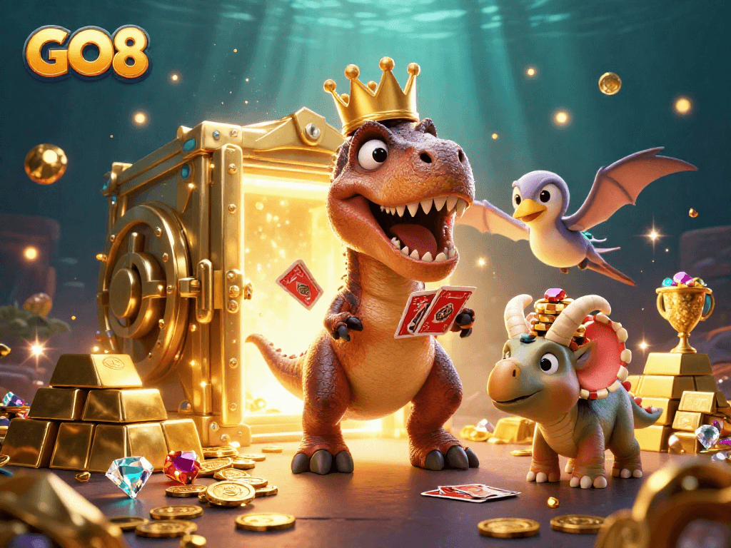 GO8’s captivating T-Rex shuffles cards at a dazzling casino scene filled with treasures and jewels.