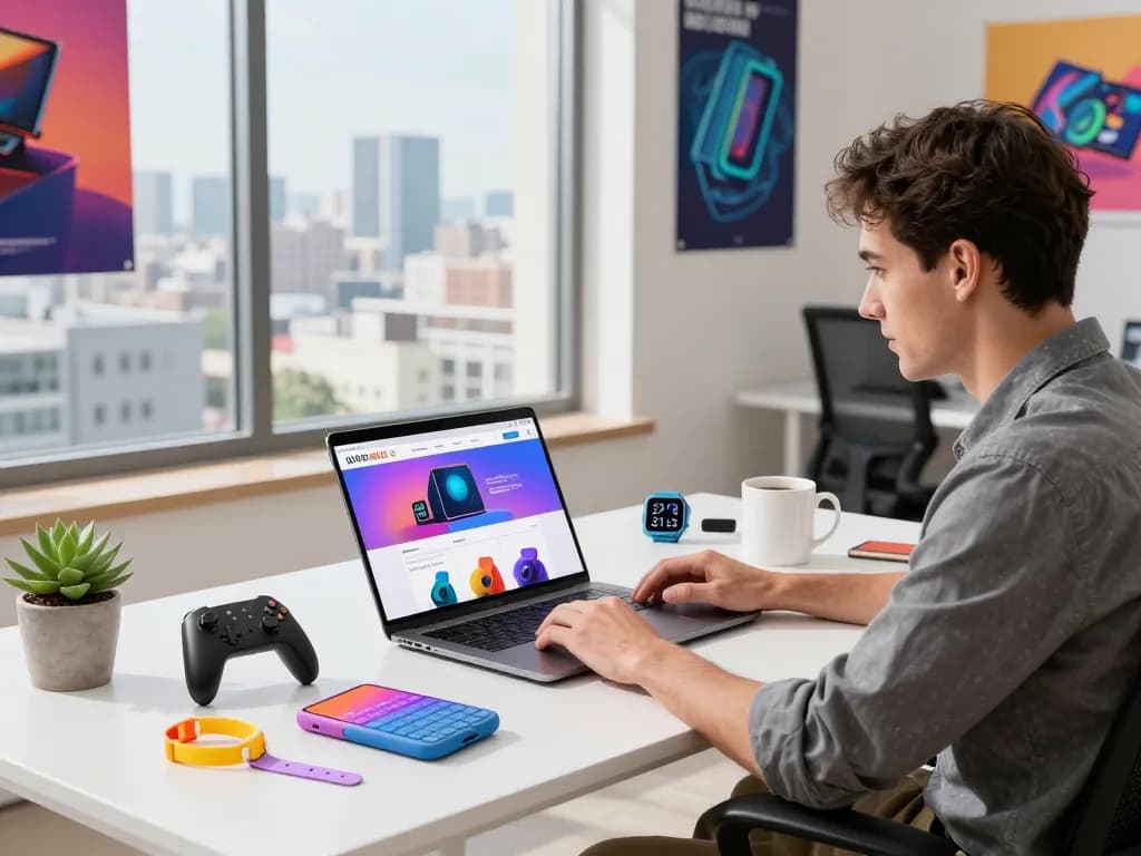 Explore top 10 tech gadgets 2103 with a stylish professional in a modern office.