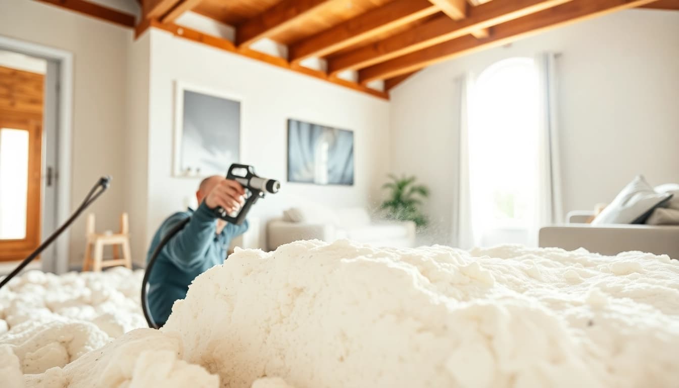 Efficient loft spray foam removal process in a bright home environment.