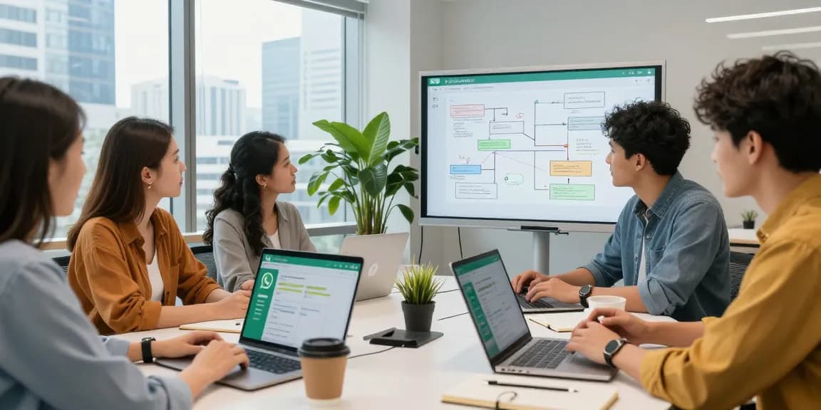 Team discussing WhatsApp電腦版 features in a modern office.