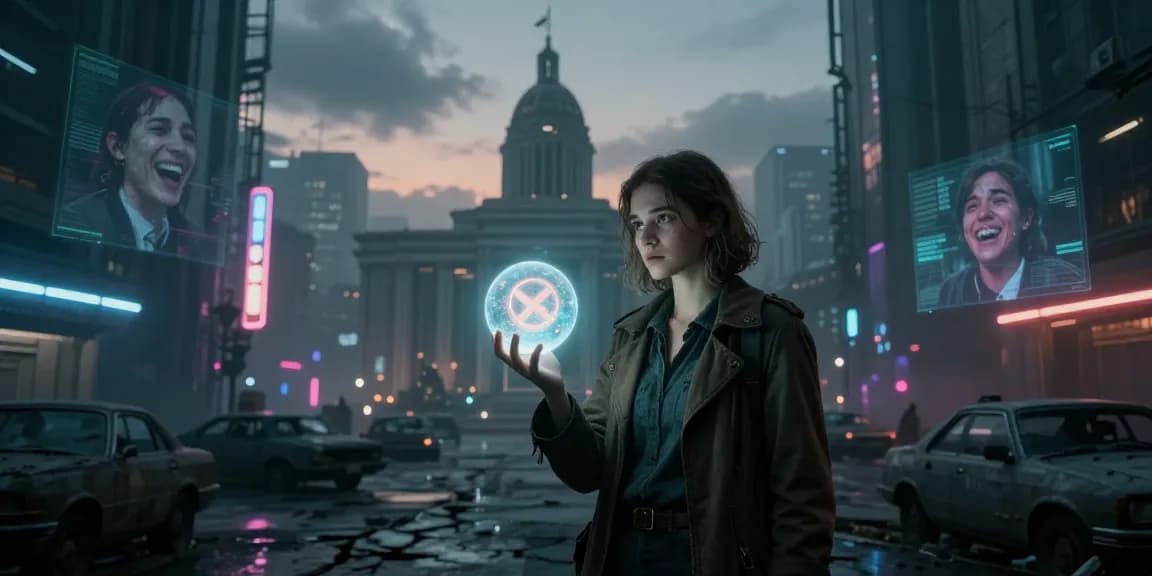 Young woman embodying empath psychic powers in a dystopian society, standing defiantly with glowing orb of emotions against a dark city backdrop.