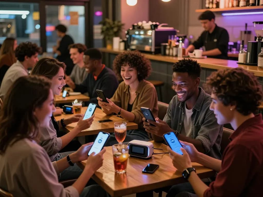 Group enjoying porn ai chat in neon-lit café atmosphere, showcasing modern tech interactions with AI.