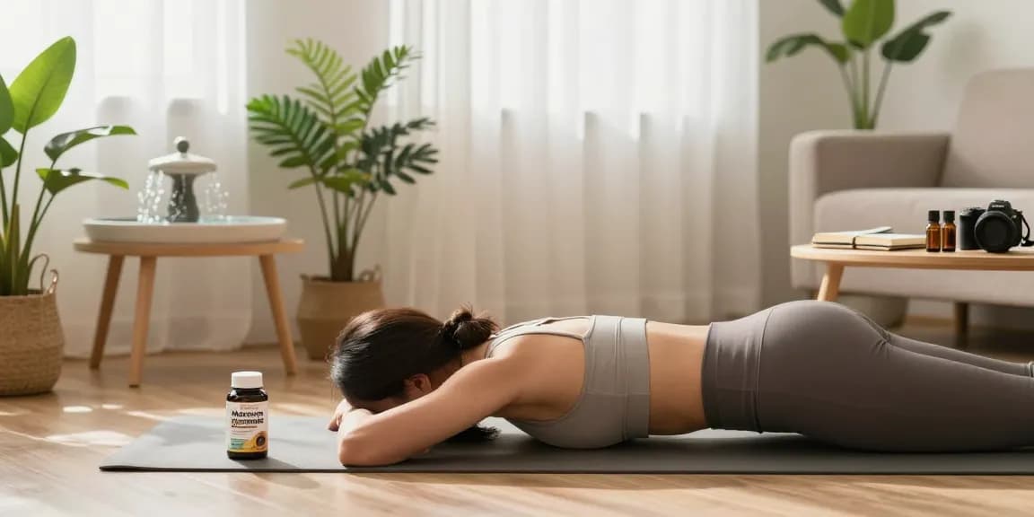 Individual practicing yoga with magnesium glycinate supplements in a calming home setting