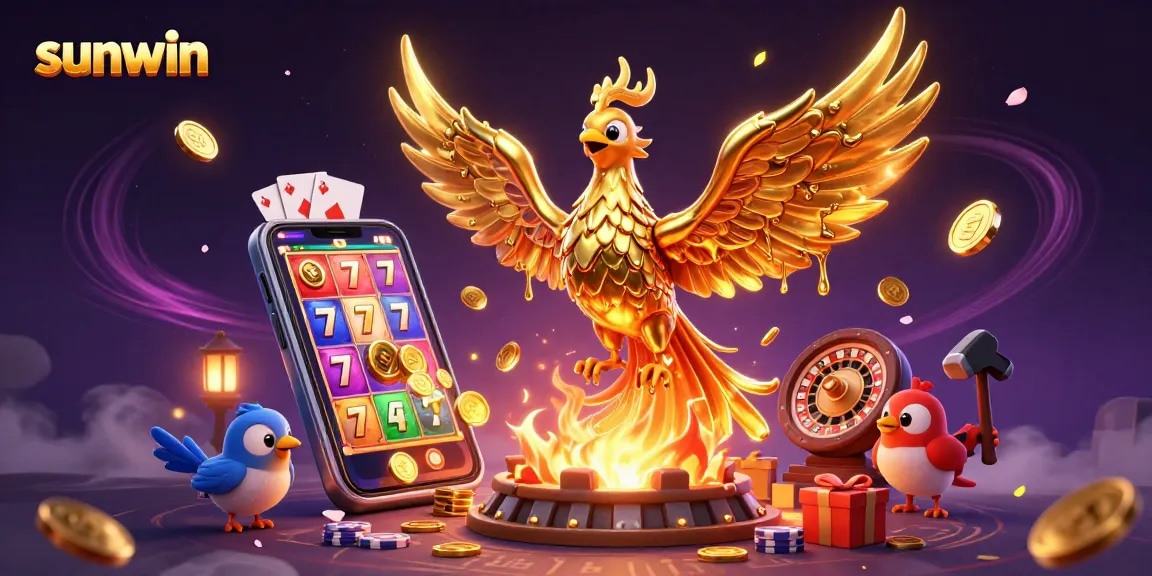 Sunwin's immersive casino experience features a golden phoenix and gaming elements.