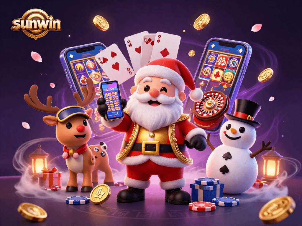 Spin jackpot slots with sunwin as the joyful Santa, reindeer dealer, and poker chip snowman.