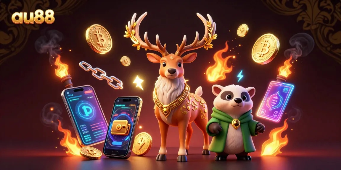 Join the excitement at au88 with a vibrant 3D illustration featuring a druid, badger, and cryptocurrencies.