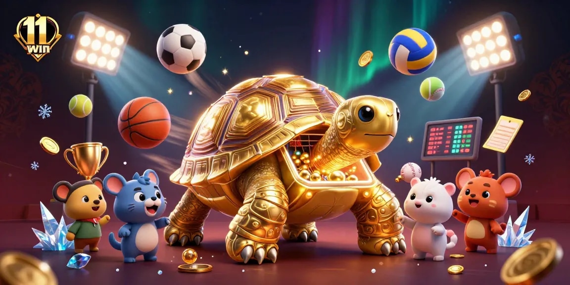 Experience thrilling gameplay at 11WIN with a unique casino-themed illustration showcasing fun characters and dynamic sports elements.