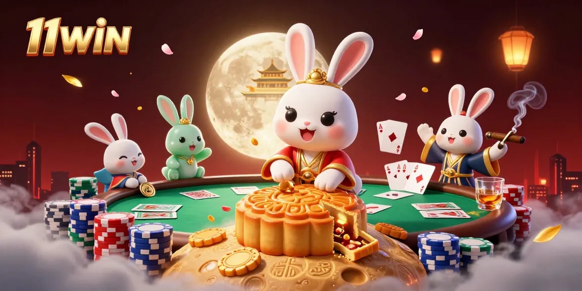 Engage with 11WIN's vibrant 3D illustration of poker-themed lunar festivities featuring playful moon rabbits.