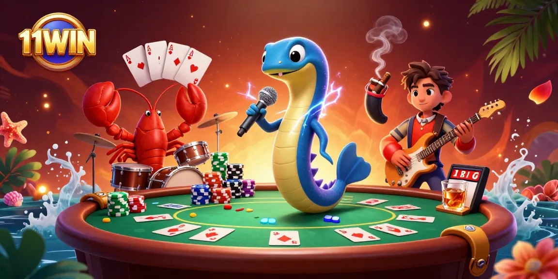 Experience the thrill of 11WIN with a vibrant underwater casino scene featuring a DJ eel and colorful game elements.