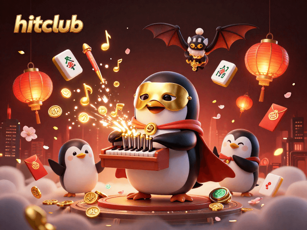 Hitclub showcases thrilling gameplay with a phantom penguin and acrobat in an enchanting casino scene.