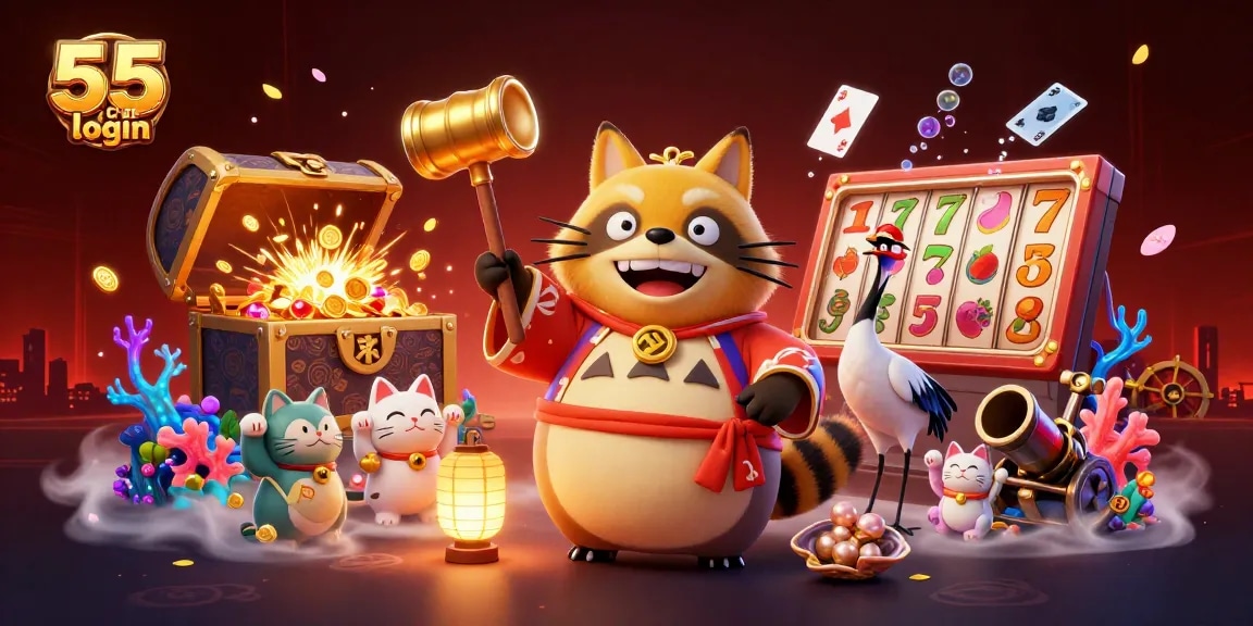 Experience the excitement of 55 club login with a vibrant illustration of fun casino elements and characters.