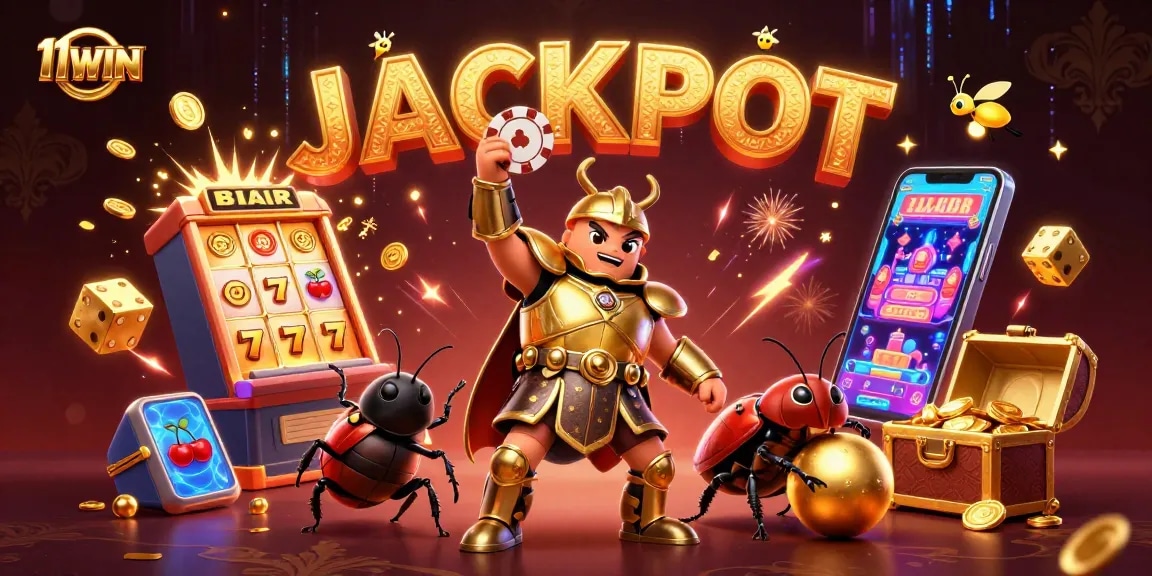 11WIN celebrates casino excitement with a heroic beetle and jackpot-themed illustration.
