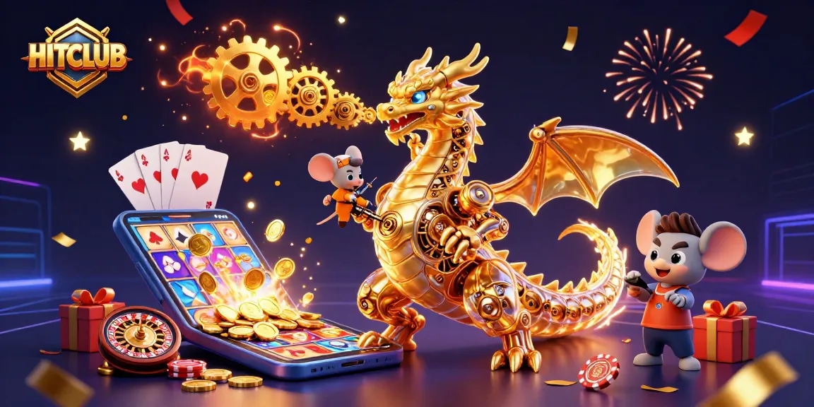Experience gaming excitement at HITCLUB with a dynamic illustration of a golden dragon and vibrant gaming elements.