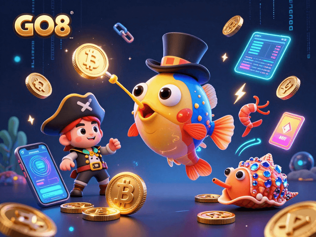 Engage in exciting gameplay at GO8 with a vibrant scene of treasure and winnings through marine characters.