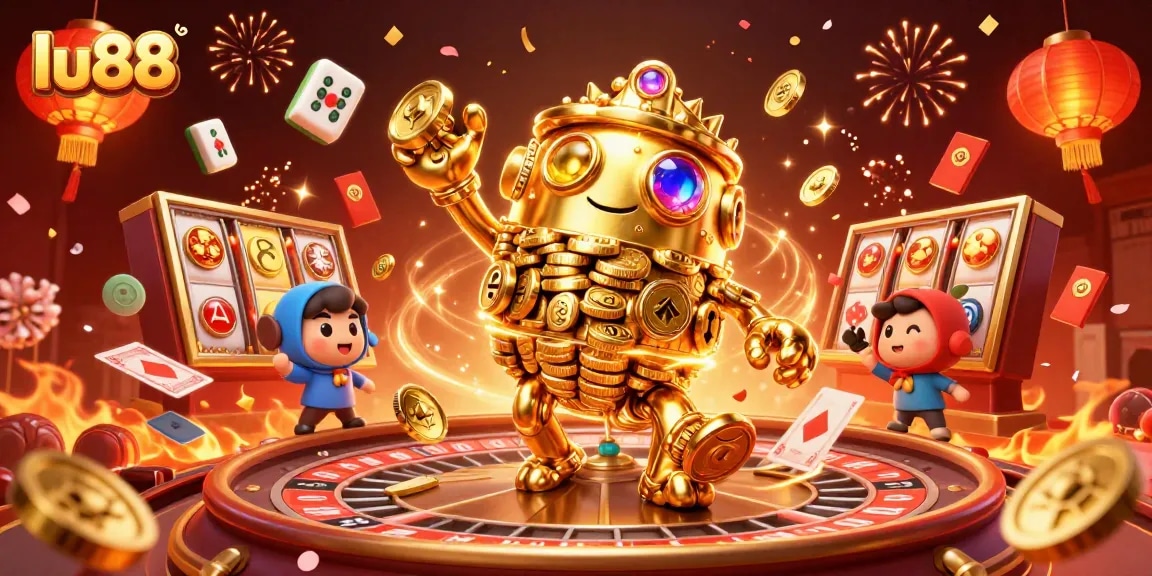 Experience thrilling gameplay at lu88 with a dynamic 3D scene featuring glowing elements and vibrant casino symbols