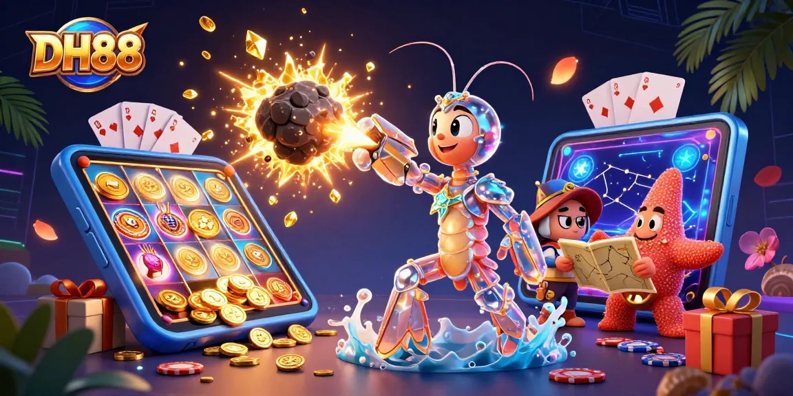 Experience the excitement of DH88 with unique characters and vibrant slots in a dynamic casino scene.