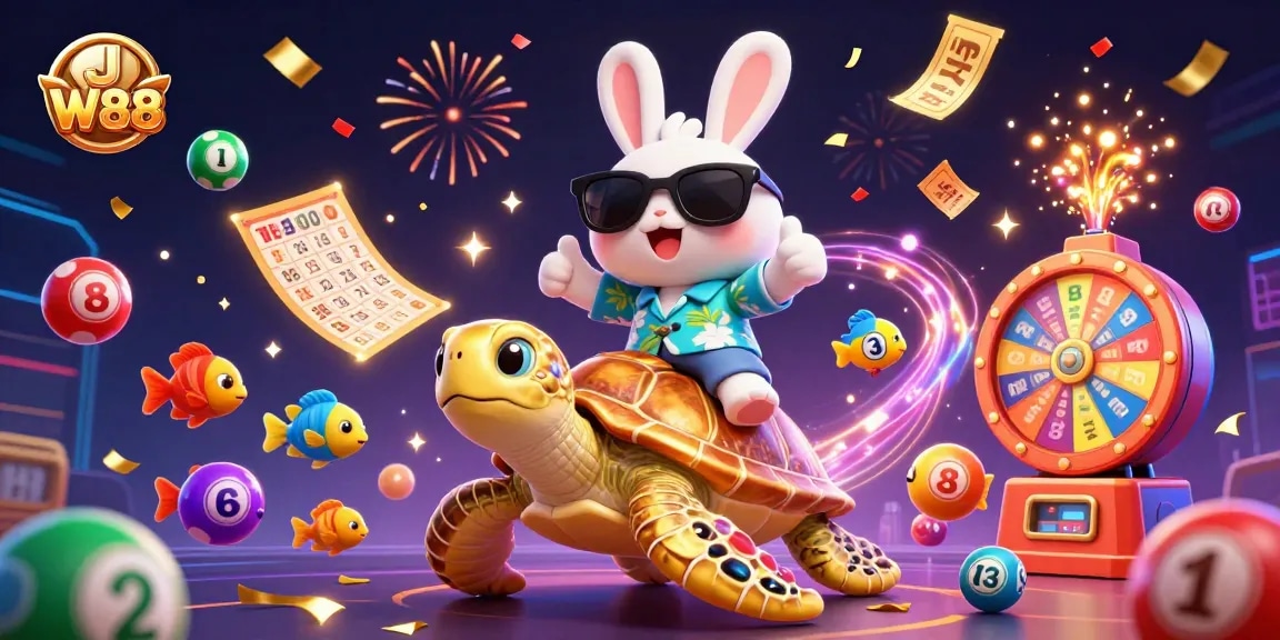 Experience exciting gaming adventures at J W88 with a vibrant 3D casino illustration.