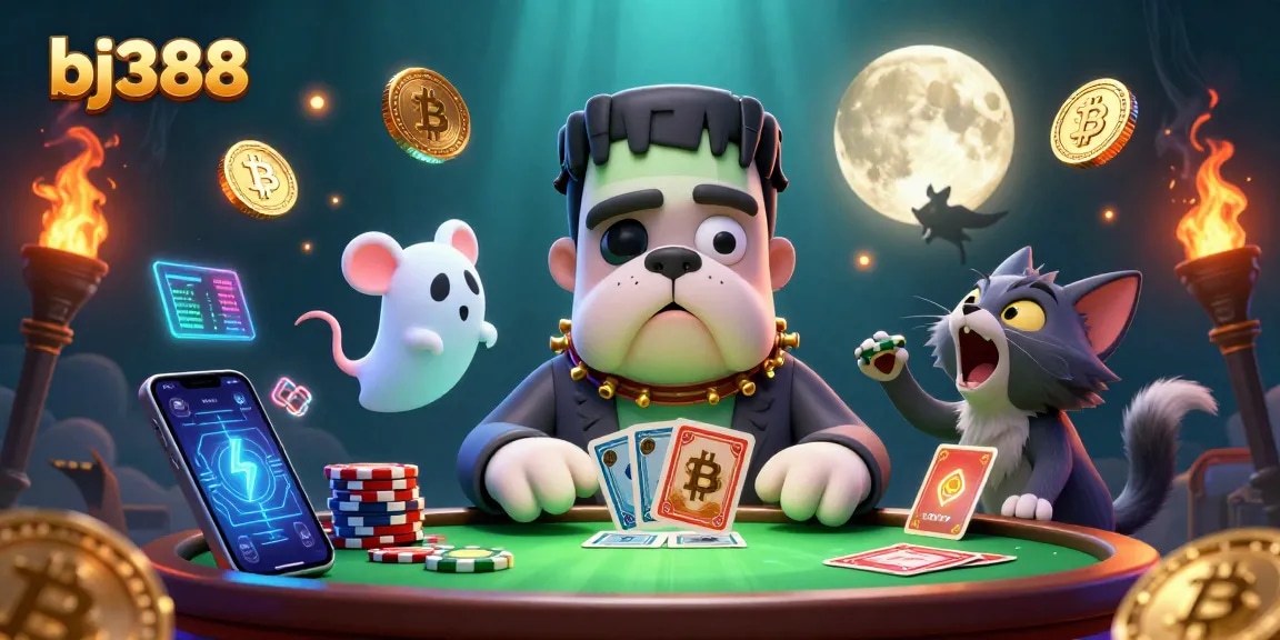 Engage in thrilling gameplay at bj388 with a 3D scene showcasing unique characters and casino elements.