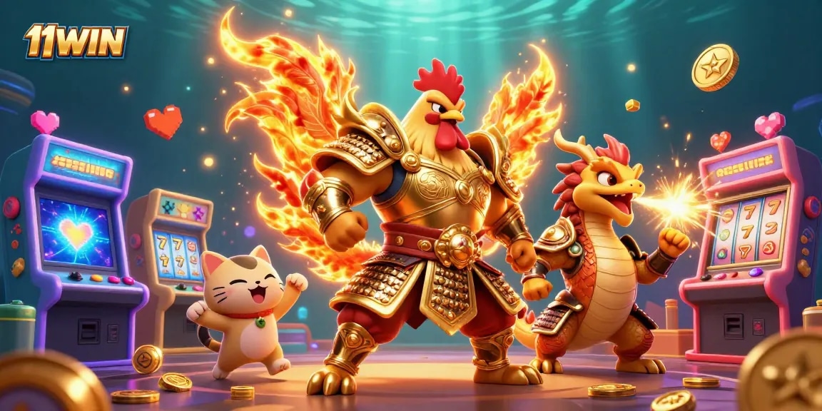 Engage with 11WIN's vibrant casino world, featuring a heroic rooster warrior and a fierce dragon hatchling.