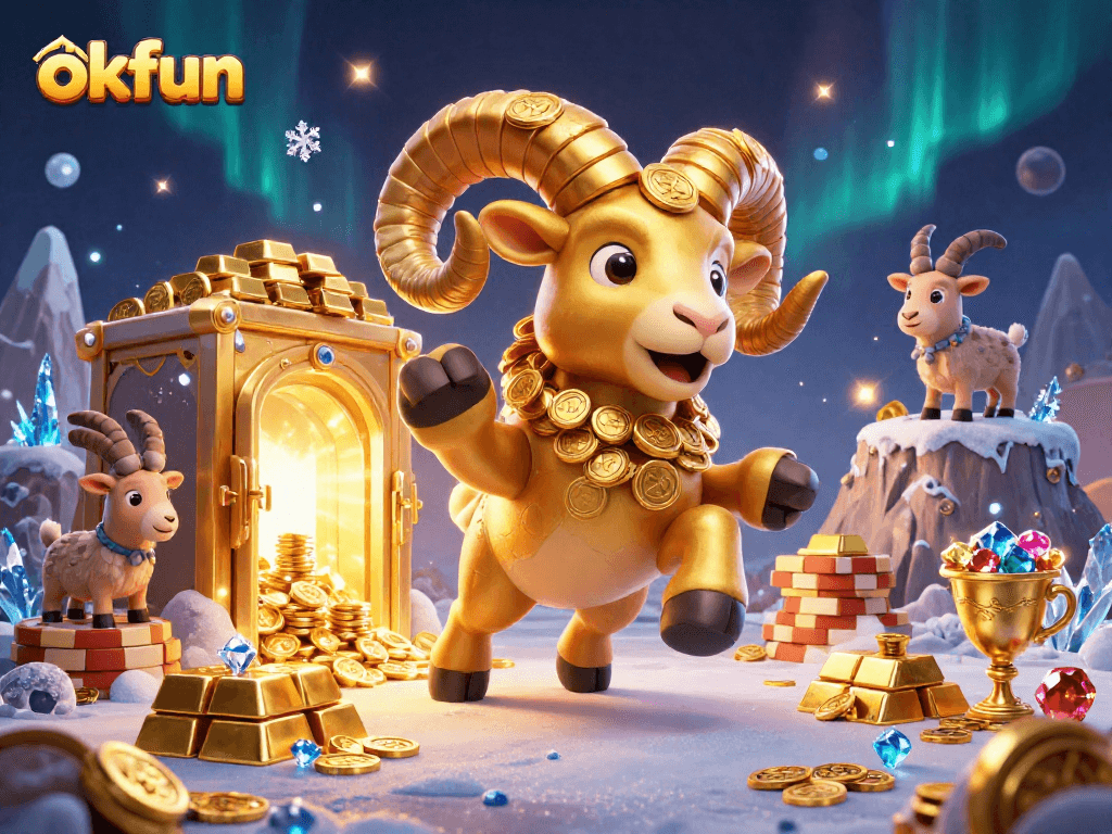 Experience thrilling gameplay at okfun with dynamic visuals of a 3D golden ram and treasures.