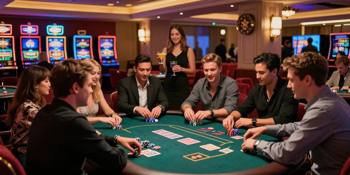 Guests enjoying swiss casino guest posts at a lively poker table, vibrant atmosphere.