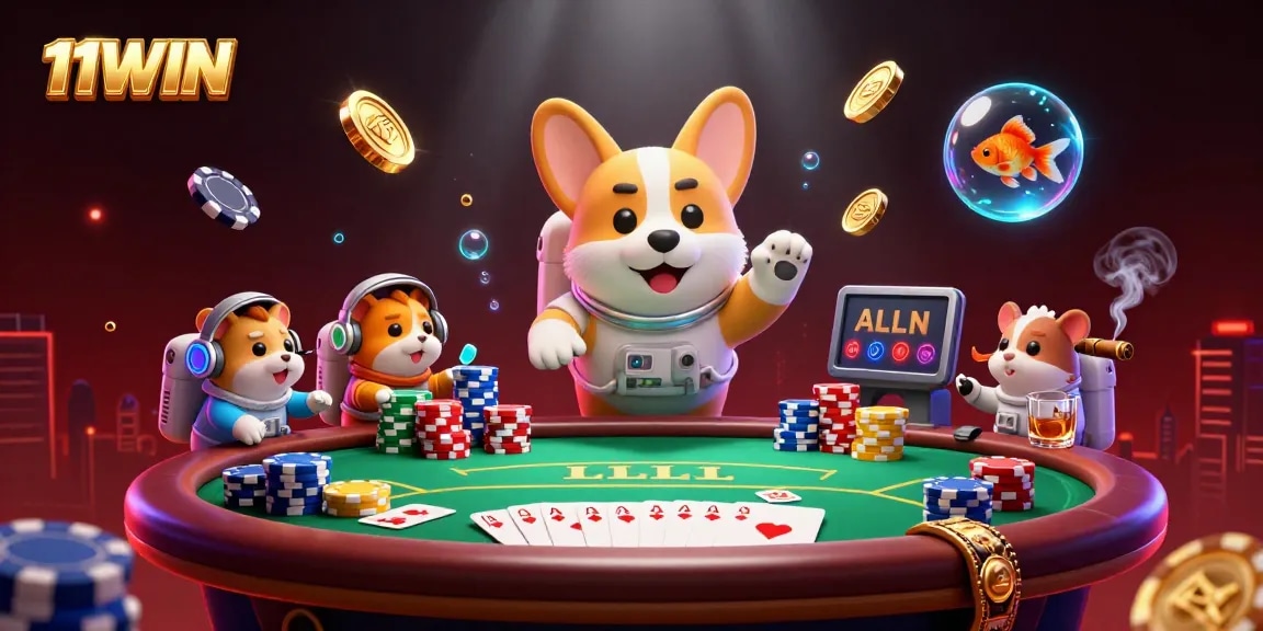 Engage with the floating 11WIN corgi astronaut in a dynamic space casino, showcasing vibrant poker elements.