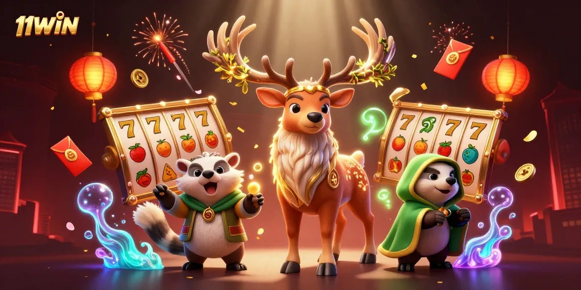 Experience the thrill of winning with 11WIN's vibrant casino illustration featuring lucky 7s and mystical elements.