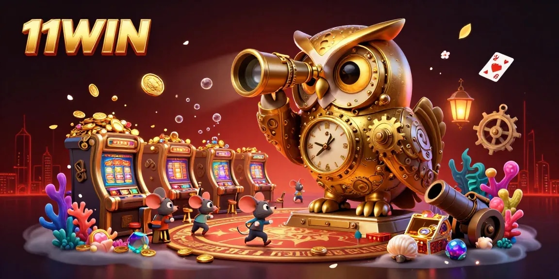 Experience the thrill of 11WIN with a vibrant casino scene featuring animated characters amid sparkling treasures.