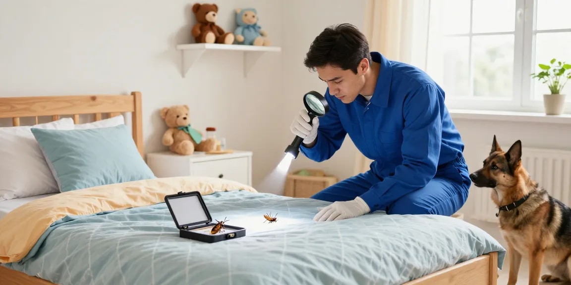 Bed bug removal services in a child's bedroom with professional exterminator inspecting for pests.