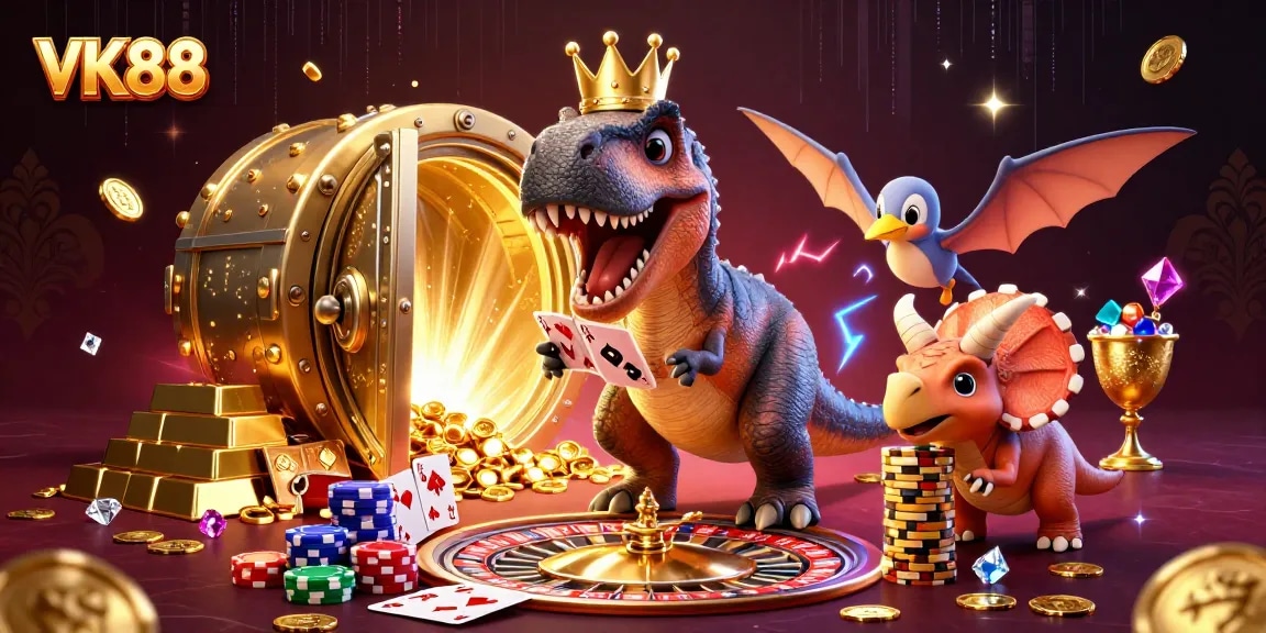 VK88 gameplay illustration with a T-Rex shuffling cards and a baby triceratops stacking chips, creating a vibrant casino atmosphere.