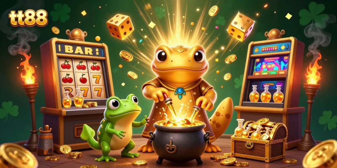 Experience thrilling gameplay at tt88 with a vibrant 3D casino scene featuring golden characters and dynamic slot machine elements.