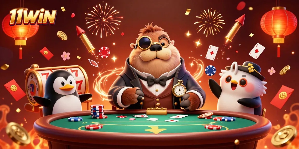Experience the vibrant underwater casino scene with 11WIN, where a walrus plays poker in style.