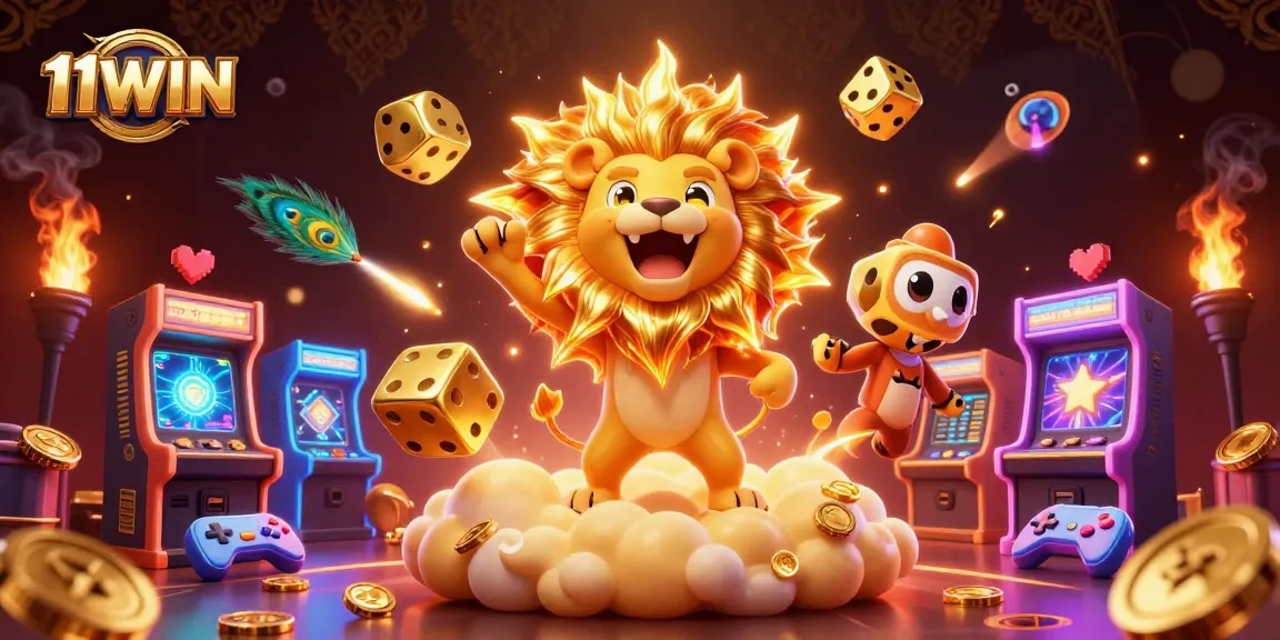 Engage with the excitement of 11WIN as vibrant casino elements surround a roaring lion and dazzling characters.