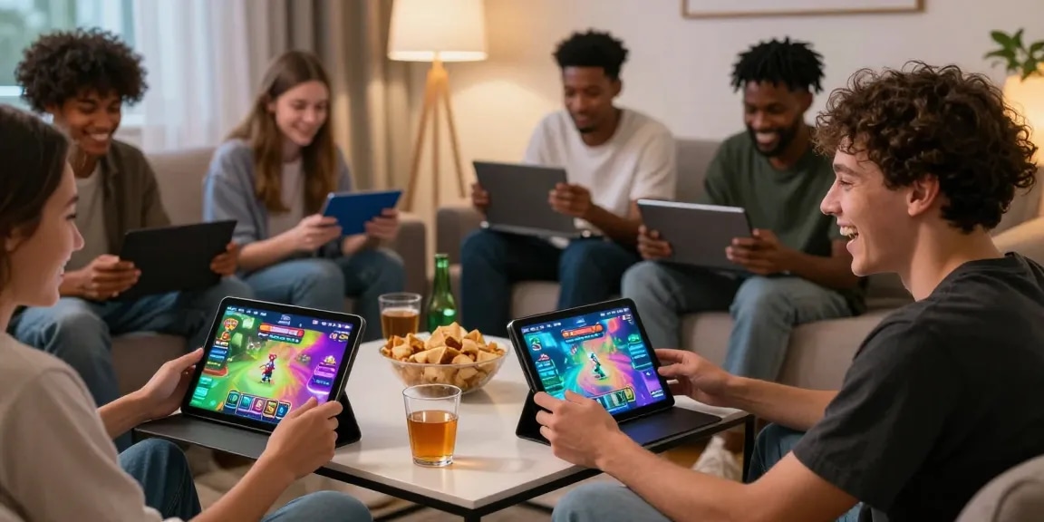 Enjoying a free porn game in a lively living room with friends and devices.