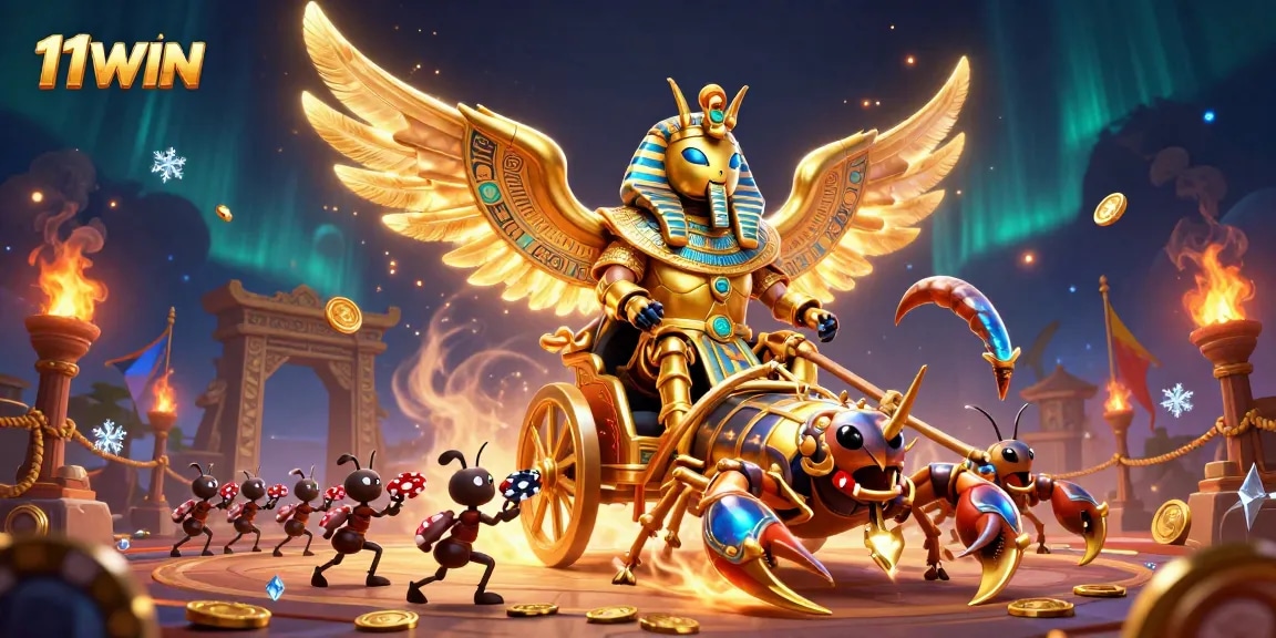 Engage in thrilling gameplay at 11WIN featuring a golden scarab beetle and animated scorpions