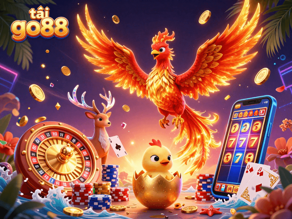 Experience the thrill of tải go88 with a vibrant casino-themed 3D digital illustration showcasing a phoenix, roulette, and coins.