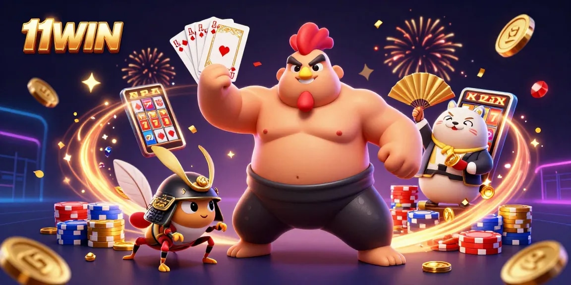 Experience dynamic gaming with 11WIN as Sumo wrestler and samurai cricket join a vibrant casino scene.