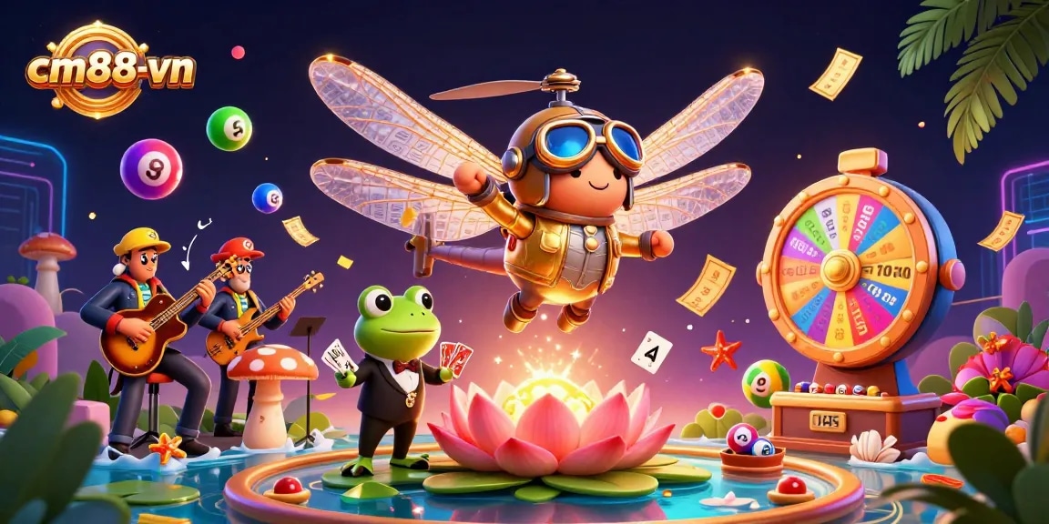 Join the excitement at cm88-vn as the dragonfly pilot oversees a lively casino scene filled with lottery fun and winnings.
