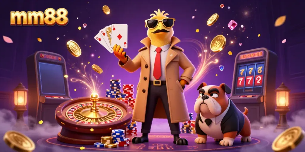 Experience the thrilling mm88 casino scene with raptors disguised as players and a suspicious bulldog bouncer.