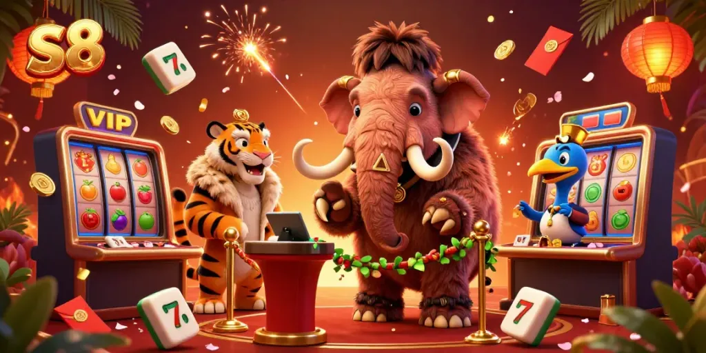 Experience the exciting world of S8 with a vibrant 3D illustration of a casino scene featuring unique characters and elements.