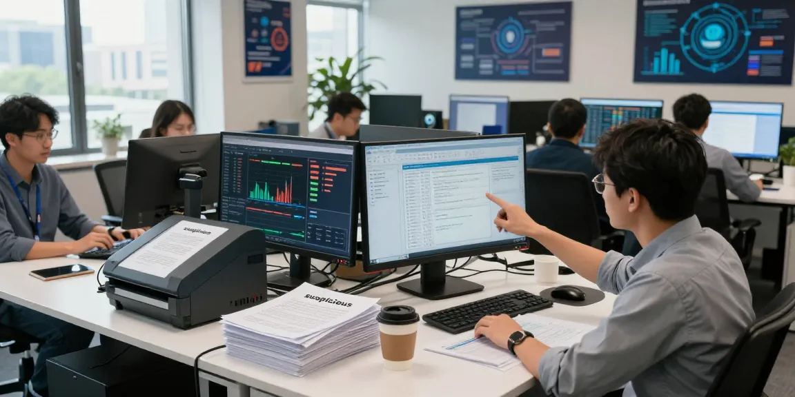 Team using a document fraud detection tool to analyze digital records and identify anomalies in a modern office setting.