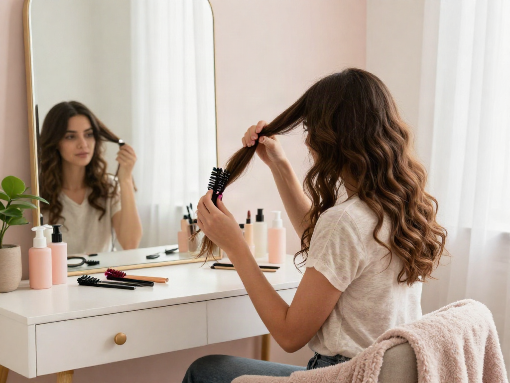 Woman applying clip in hair extensions at a stylish vanity in a bright bedroom.