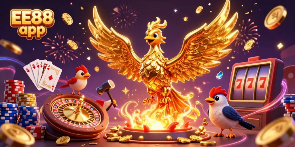 Experience the excitement of EE88 app with a golden phoenix and casino elements amidst fireworks.