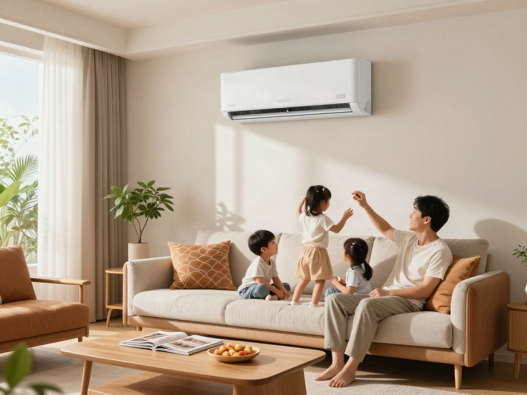 Comfortable living room featuring a mini split of air conditioner providing cool relief during family activities.