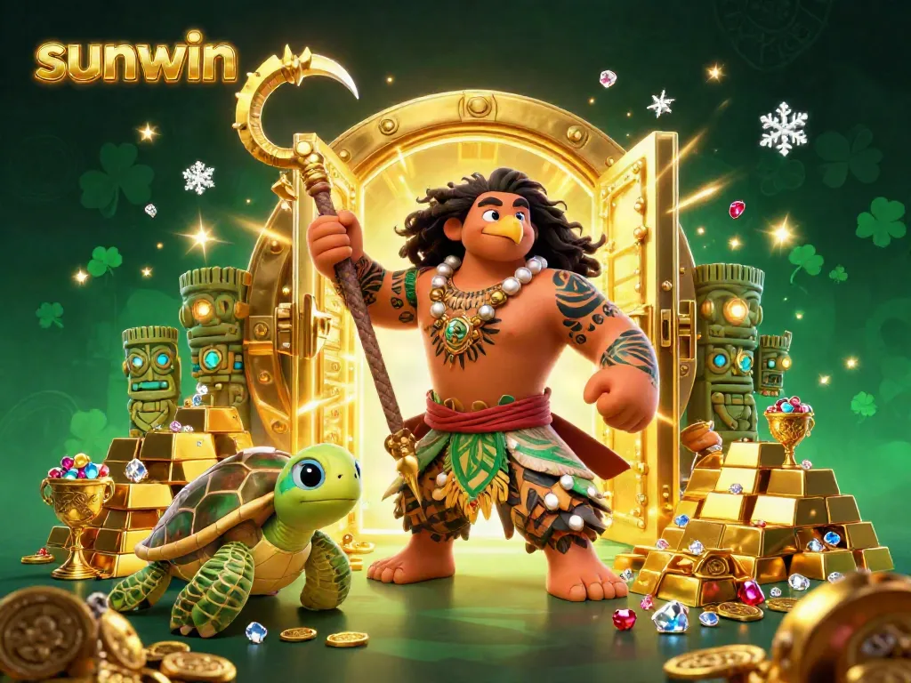 Experience thrilling casino adventures with sunwin, featuring a glowing Polynesian demigod and treasure-filled scene.
