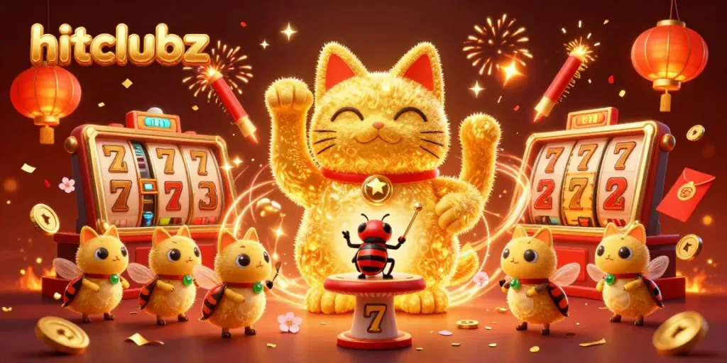 Experience the thrill of hitclubz with a dynamic scene of a lucky cat and casino symbols in a rich 3D illustration.