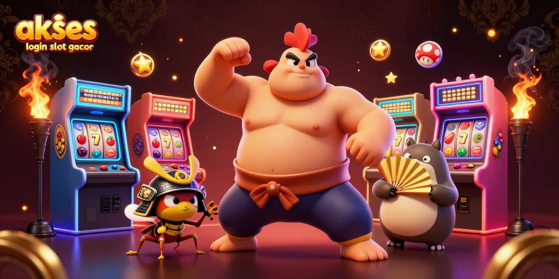 Engage with the excitement of akses login slot gacor through this dynamic illustration featuring cartoon characters and casino elements.