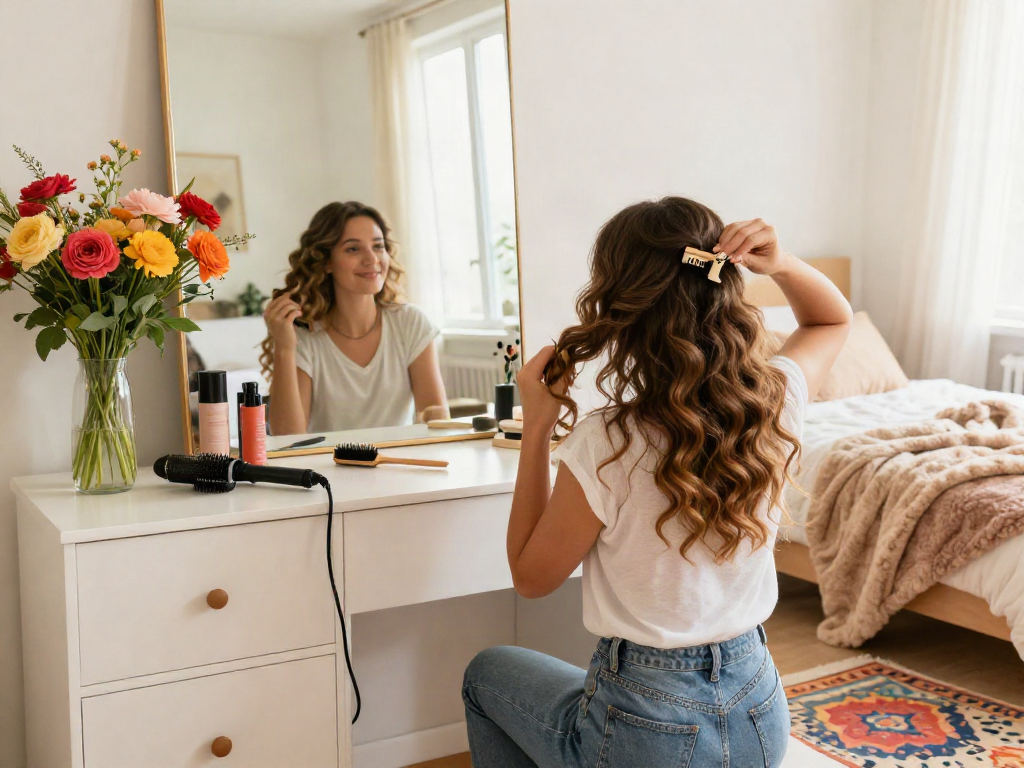 Woman applying curly clip in hair extensions in a cozy bedroom setting, showcasing effortless hair styling.